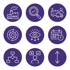 Supply chain outline icons on purple. Icon symbol illustration