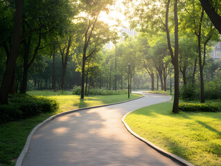 Obraz premium Winding pathway in city park surrounded by lush green trees and grass, bathed in warm sunlight creating peaceful and inviting atmosphere