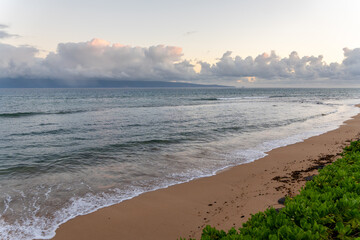 A tranquil beach scene with gentle waves, sandy shore, and lush green vegetation under a cloudy sky.