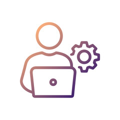 Technical worker with laptop and gear. Icon symbol illustration