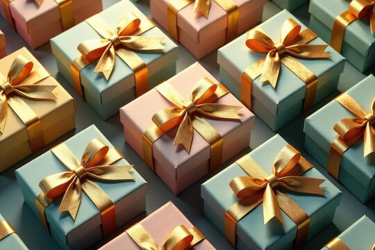 Elegant gold ribbon tied gift boxes, seamless repeat, festive, abstract, ribbon - Powered by Adobe