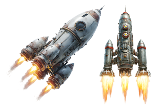 Two retro rockets launching into space. - Powered by Adobe