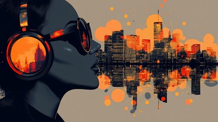 A woman with headphones, listening to a city's soundscape.  A colorful abstract, blended with a reflection of the city
