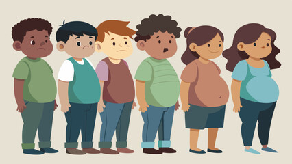 Obraz premium A group of children their clothes tattered and their bellies bloated eagerly await their turn in the line their faces reflecting the pervasive hunger in the community.. Vector illustration