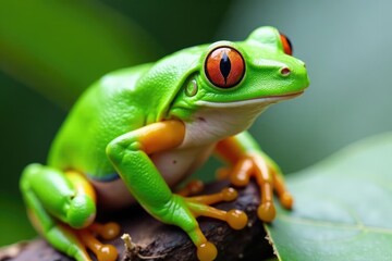 Green tree frog perched on white, vibrant skin, design element, vibrant