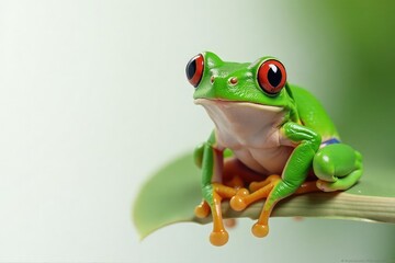 Obraz premium Green tree frog perched on white, vibrant skin, wildlife photography, wildlife