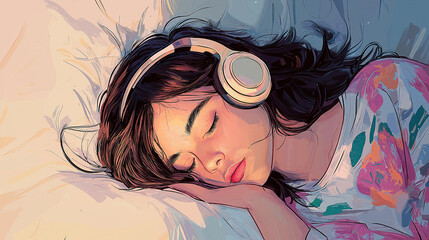 Girl Sleeping with Headphones – Listening to Music Illustration