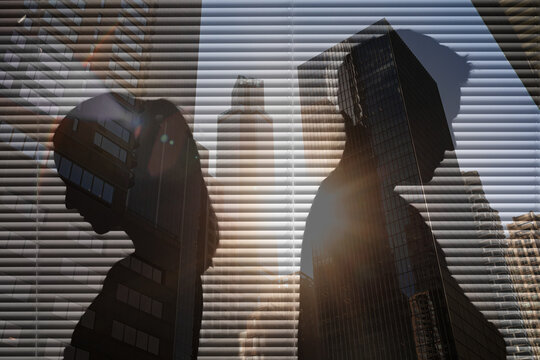 Man woman having disagreement argument rivalry  at work, Couple fighting standing back to back 