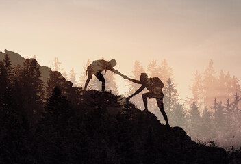 Male and female hikers climbing up mountain cliff and one of them giving helping hand.  People helping and, team work concept.
