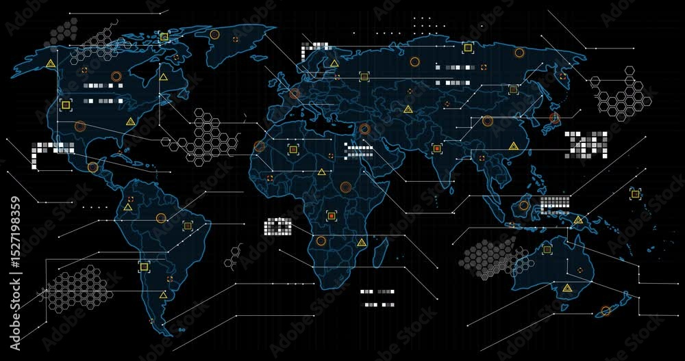 Poster blue outline tracing map initiating fading icons expanding honeycomb links showing global data flow