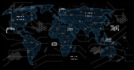 Blue outline tracing map initiating fading icons expanding honeycomb links showing global data flow - Powered by Adobe
