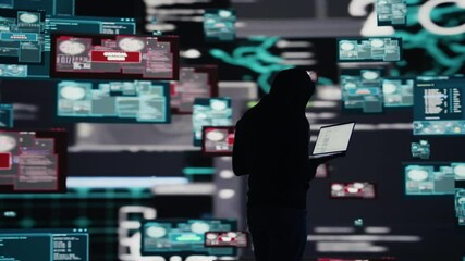 Professional spy compromising cyber security through malware and viruses, digital threat of hacking with unauthorized intrusion into secure networks. Leading to quantum threat and risk. Camera B. - Powered by Adobe