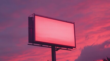 Blank billboard at sunset, vibrant pink sky.