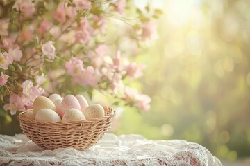 Easter eggs in wicker basket on lace tablecloth with pastel colors and pink flowers, blurred nature background with bokeh and soft natural light