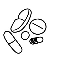 Pills and capsules are arranged in flat lay style, showcasing various shapes and sizes. This represents health, medication, and wellness, evoking sense of care and attention to well being