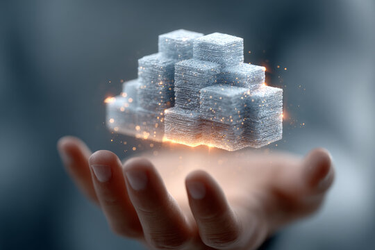 Digital data stack floats above hand, symbolizing cloud server technology and innovation