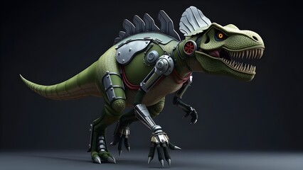 Fototapeta premium Cyborg Dinosaur: Studio Render with Dramatic Backlight & Glowing Optics, Dark Background. 