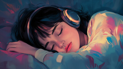Girl Sleeping with Headphones – Listening to Music Illustration