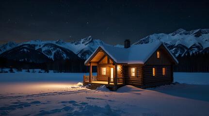 Illuminated Modern Cabin in Snowy Mountain Valley at night,generative.com	
