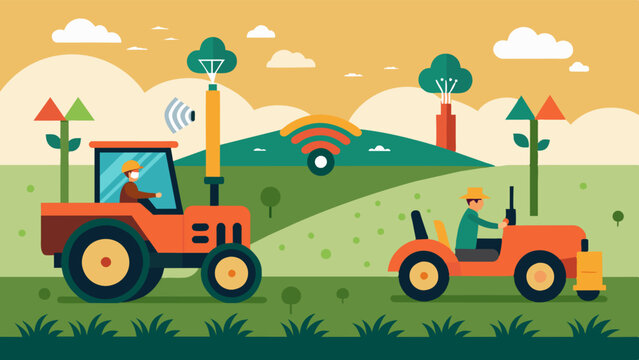 An illustration showing how selfdriving tractors can save precious time and resources for farmers by completing tasks such as sowing plowing and harvesting with accuracy and speed. Vector illustration