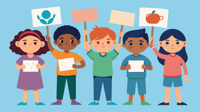 A group of children participating in a protest holding posters with drawings of empty plates and the words We Want to Eat Not Starve. Vector illustration