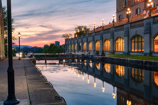 The majestic Rideau canal locks at dusk on a nice summer day, Ottawa, ON, Canada