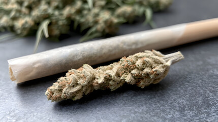 Closeup of cannabis bud with visible trichomes lying next to rolled joint on dark surface, showing detailed texture and natural colors in calm setting