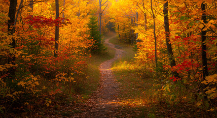 Obraz premium Scenic Autumn Pathway Covered in Amber Leaves Through Forest Trail with Fall Foliage and Golden Light