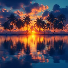 Tropical sunset paradise. Silhouettes of palm trees line a tranquil beach as the sun sets over the water.  Vibrant colors reflect in the calm, mirroring water