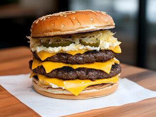 Double cheeseburger with two grilled beef patties, melted cheddar cheese, pickles, and creamy sauce on sesame seed bun, creating delicious and satisfying meal