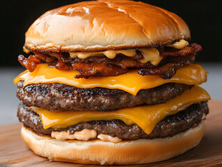 Double cheeseburger with crispy bacon and melted cheddar cheese stacked in soft bun, showcasing juicy and savory fast food meal that looks delicious and satisfying