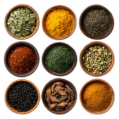 Assortment of spices in wooden bowls