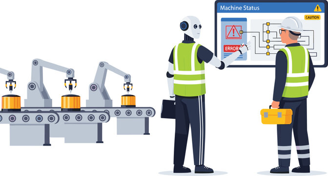 AI assistant identifying machine error on smart production line and guiding technician for timely maintenance and efficient troubleshooting in industrial automation system