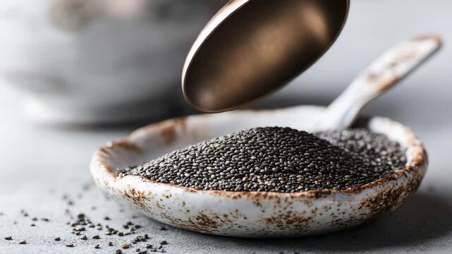 A spoon filled with chia seeds is being poured into a rustic ceramic bowl, with seeds scattered around.