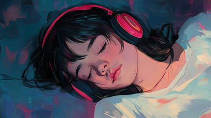 Girl Sleeping with Headphones – Listening to Music Illustration