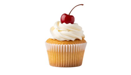 Vanilla Cupcake with Cherry on Top, bakery products, sweet food, dessert Isolated on Transparent Background