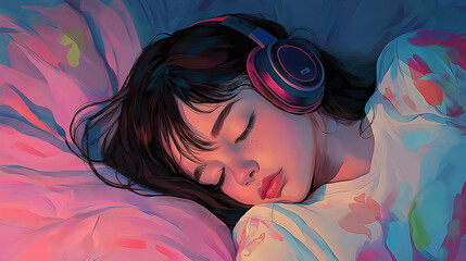 Girl Sleeping with Headphones – Listening to Music Illustration