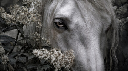 Extreme closeup of a beautiful horse emerging from flowers. A white stallion.
