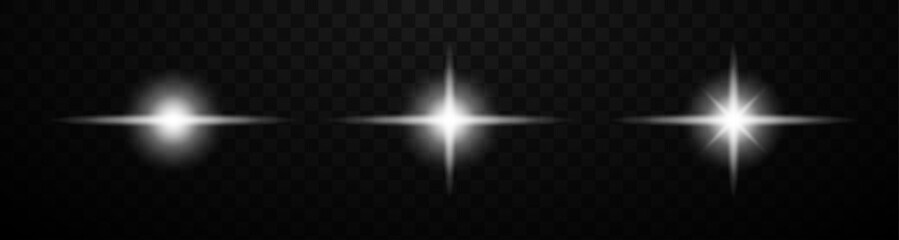 Realistic white glow lens flare effect vector set. Isolated glowing sparkle lights stars on dark background. Neon bright spotlight lens flares signs. Abstract illustration.