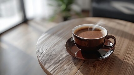 Hot coffee on a wooden table