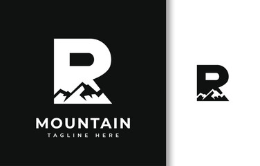LETTER R WITH SILHOUETTE OF MOUNTAIN LOGO DESIGN