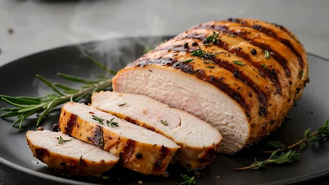Grilled Chicken Breast Slices on Black Plate with Rosemary and Thyme Garnish in Studio Lighting Healthy Eating
