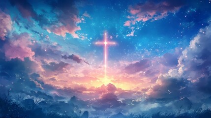 Obraz premium Glowing cross in a vibrant sunset sky with clouds and stars.