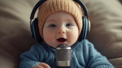 Adorable Baby with Headphones and Microphone Celebrating Listening Day