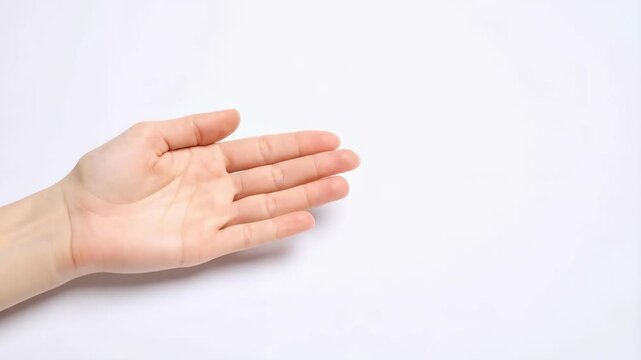 Caucasian woman's open hand, palm up, offering gesture on a clean white background, with bright studio lighting creating minimal shadows