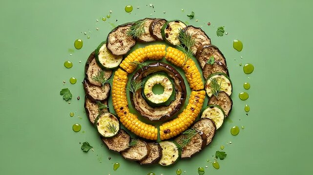Grilled Corn Eggplant and Zucchini Circular Food Arrangement on Green Background Healthy Vegetarian and Vegan Diet Nutrition Fresh Ingredients