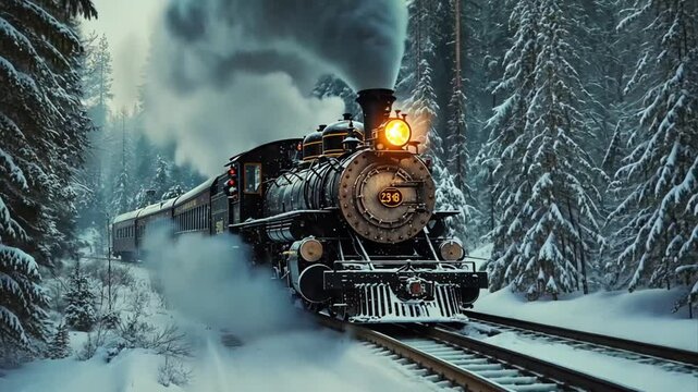 Nostalgic winter journey an old steam train chugs through a snowy forest landscape evoking a sense of timeless adventure and seasonal magic in an icy wonderland