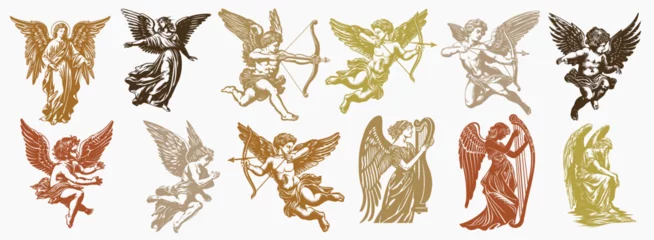 Fototapete Rund Golden cherubs on maroon background, element vector set © Rawpixel.com