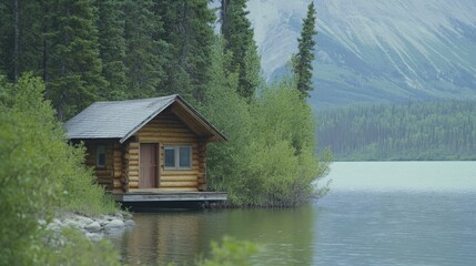 Rustic log cabin nestled beside a tranquil lake in a forested mountain landscape.