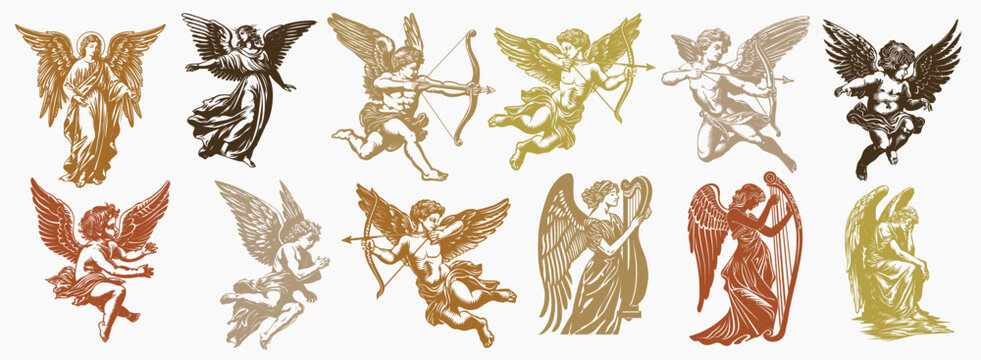 Golden cherubs on maroon background, element vector set